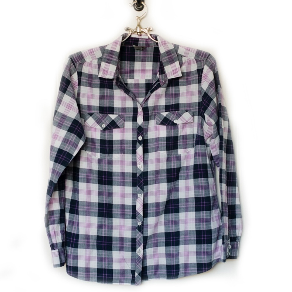 Eddie Bauer Women's Purple and Blue Plaid Long Sleeve Button Down Shirt …
